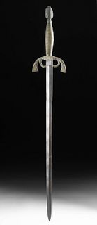 19th C. European Carbon Steel Sword with Brass Handle