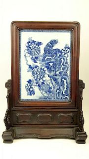 20th Century Chinese Blue and White Porcelain Plaque in Carved Rosewood Frame Stand.
