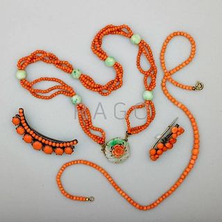 CORAL JEWELRY, INCLUDES ASIAN CARVED JADE
