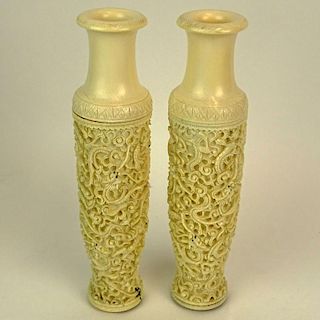 Pair of Vintage Chinese Intricately Carved Ivory Vases.