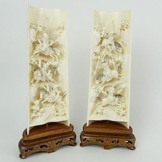 Pair of Vintage Chinese Carved Ivory Wrist Rests on Inlaid Stands.