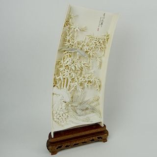 Extremely well done vintage Chinese carved ivory panel Finely detailed motif depicting Birds