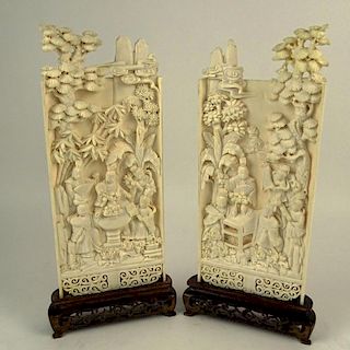 Pair of Vintage Chinese Carved Ivory Panels on Inlaid Stands.