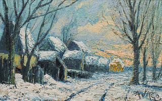 Akron, OH Winter Scene Painting c1920
