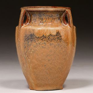 Fulper Pottery Three-Handled Orange Flambe Vase c1910s