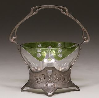 Art Nouveau Pewter & Hand Painted Etched Glass Basket