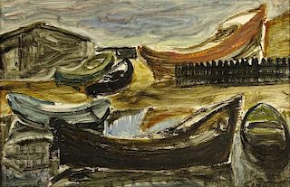 after: Mario Sironi, Italian (1885-1961) Tempera on Board "Fishing Boats"