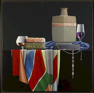 Contemporary Super-realist Oil painting on Board. "Still Life With Wine"
