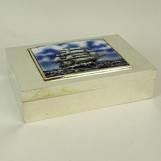 Large Modern Carimati Italian Sterling Silver Box with Inset Hand Painted Porcelain Plaque. "Ship At Sea"