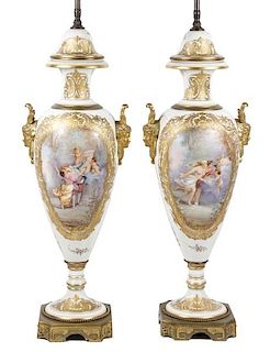 Pair of Palatial Sevres Style Ormolu Mounted Lamps