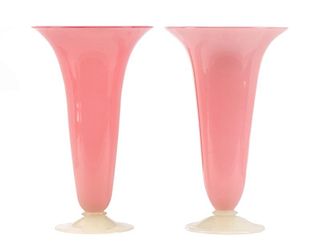 Pair of Steuben Rosaline & Alabaster Vases, #2909