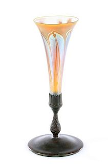 Tiffany Studios Pulled Feather Vase w/ Bronze Base