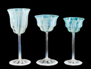 Three Tiffany Favrile Aqua Art Glass Goblets