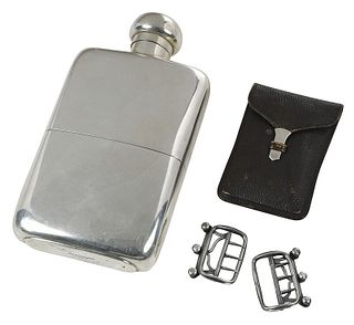 English Silver Flask and Pair Buckles