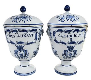 Pair Delft Blue and White Covered Armorial Urn Vases