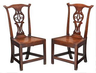 Pair Provincial Chippendale Oak Side Chairs