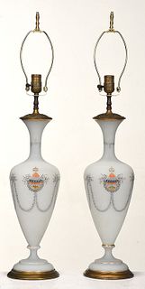 Pair Bristol Enameled Glass Vases Mounted as Lamps