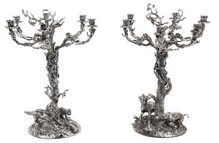 Pair of Monumental Sporting Silver Plate Epergnes