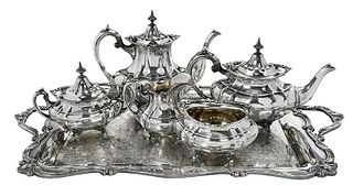 Five Piece Sterling Tea Service, Silver Plate Tray