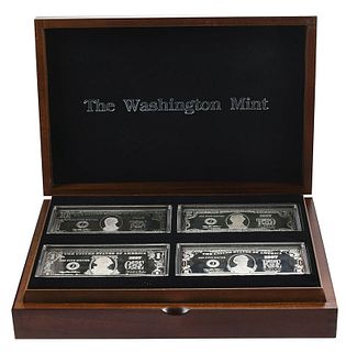 Six Silver Currency Bars in Wooden Box