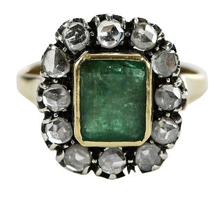 Antique 18kt., Silver, Emerald and Diamond Ring