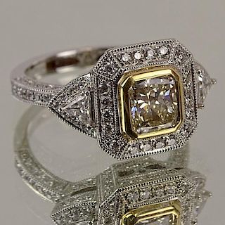 Lady's Approx. 1.01 Carat Fancy Yellow Diamond, 1.57 Carat Round Cut Diamond and 18 Karat White Gold Ring