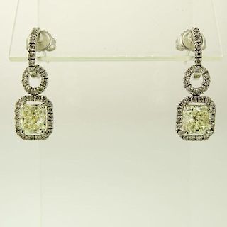 Pair of Lady's 4.03 Carat Radiant Cut Diamond and Platinum Dangle Earrings
