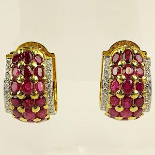 Large Pair of Lady's Approx. 20.0 Carat Oval Cut Burmese Ruby, 2.50 Carat Round Cut Diamond and 18 Karat Yellow Gold Earrings