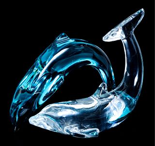 Two Baccarat Crystal Dolphin Figurines
