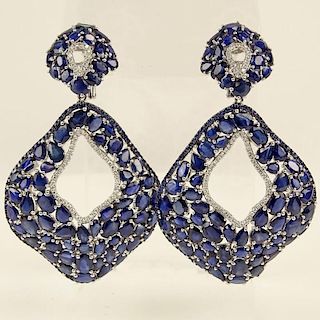 Lady's GGL Certified 53.82 Carat Mixed Cut Sapphire, .98 Carat Round Cut Diamond and 18 Karat White Gold Dangle Earrings