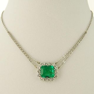 Lady's Important Large Colombian Emerald, 2.0 Carat Diamond and 18 Karat White Gold Pendant Necklace