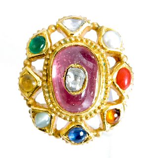 Indian Mughal Style 18K YG Diamond Gem Ring
