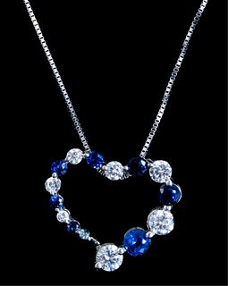 14k WG Sapphire & Diamond Heart Pendant Necklace