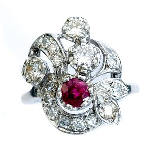 Vintage 14k White Gold Diamond & Ruby Ring, Size 8