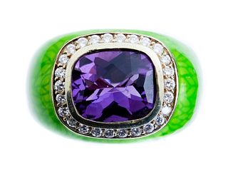 14k YG Amethyst Diamond & Enamel Ring, Size 10