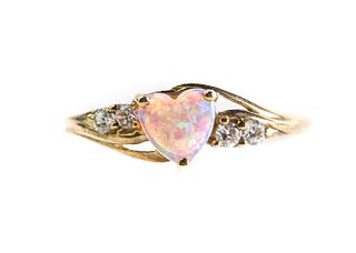 10k Yellow Gold Pink Opal Heart Ring, Size 8
