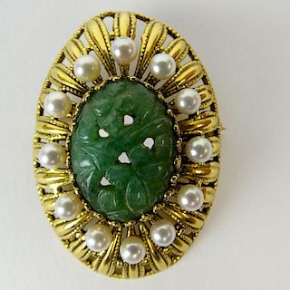 Lady's Vintage 14 Karat Yellow Gold, Carved Jade and Seed Pearl Pendant/Brooch