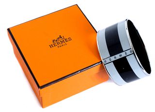 Hermes Extra Wide Black & Silver Enamel Bangle