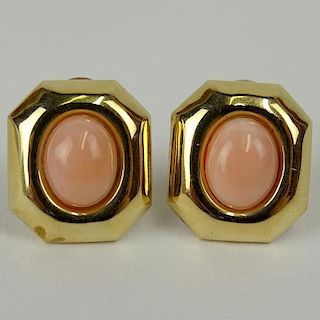 Pair of 14 Karat Yellow Gold and Angelskin Coral Clip Back Earrings