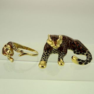 14 Karat Yellow Gold and Enamel Leopard Pendant and Ring
