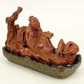 Chinese Goldstone Sculpture with Bronze Base