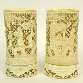 Pair of Chinese Carved Reticulated Ivory Vases