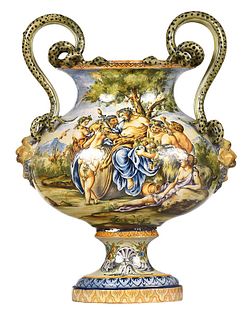 Monumental Italian Majolica Two Handled Urn