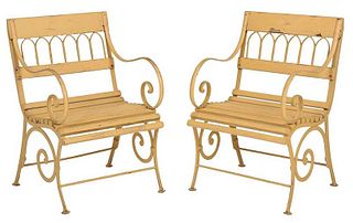 Pair Gothic Style Scrolled Iron Garden Armchairs