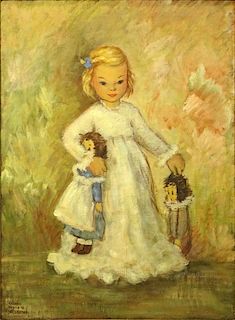 Esther Seymour-Stevenson, American (19/20th C) Oil on canvas "Little Girl With Dolls"