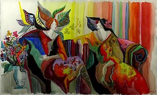 Contemporary 1980's Colorful Lithograph "Tea Time"