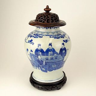 20th C Chinese Porcelain Ginger Jar. Carved reticulated hardwood lid and base
