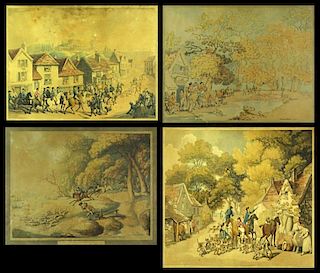 after: Thomas Rowlandson, British (1757-1827) Set of Four (4) Handcolored 19th Century Etchings Fox Hunt