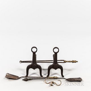 Pair of Cast Iron Andirons, Shovel, Tongs, and Jamb Hook