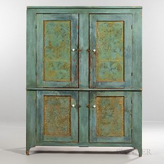Large Blue/green-painted Pine and Punched Tin Pie Safe
